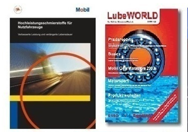 Links ein Folder, der einen einzelnen Artikel aus der Kundenzeitschrift enthält, genutzt in Schulungen und Marketing; rechts die Kundenzeitschrift LubeWorld
