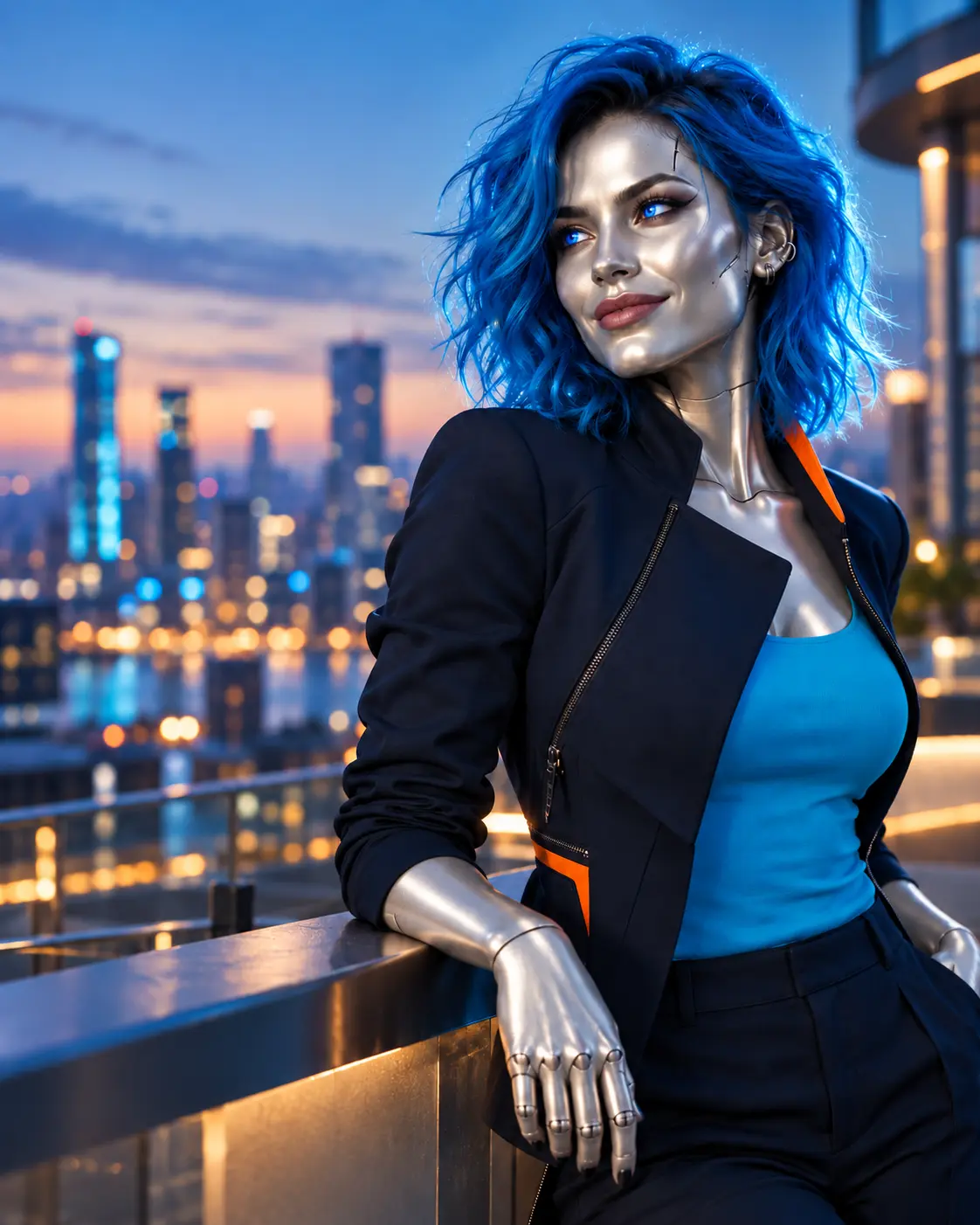 Visualisierung einer Frau, halb Mensch und halb Maschine, mit blauen Haaren auf einer Dachterrasse vor einer Skyline in der Dämmerung