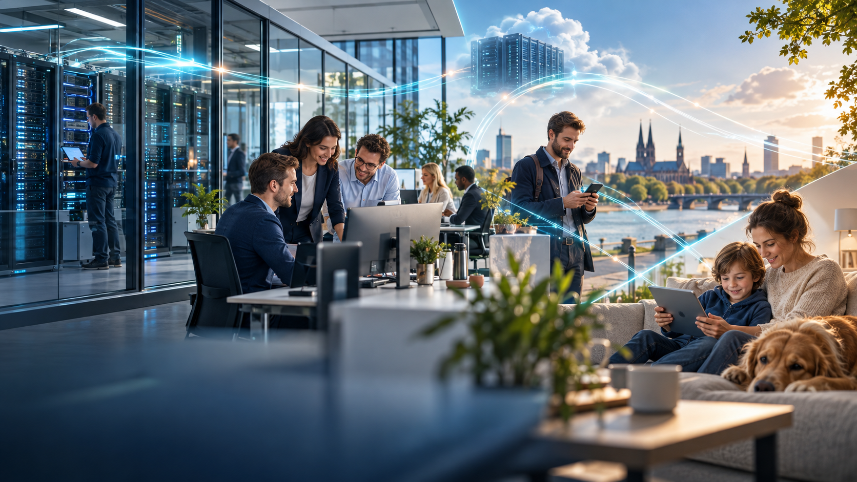 Enterprise-Infrastruktur verbindet Unternehmen, Mitarbeitende, mobile Nutzung und digitale Services für Endkunden.