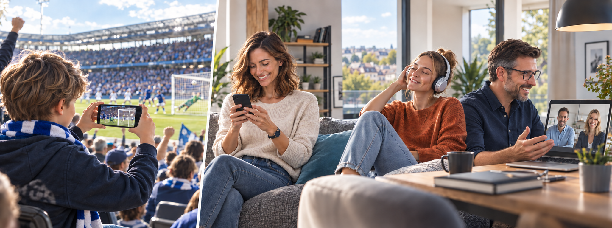 Ein Kind fotografiert im Fußballstadion ein Tor und sendet das Bild nach Hause. Dort betrachtet die Mutter das Foto, während ihre Tochter Musik hört und ihr Ehemann dem Laptop zugewandt an einer Videokonferenz teilnimmt.